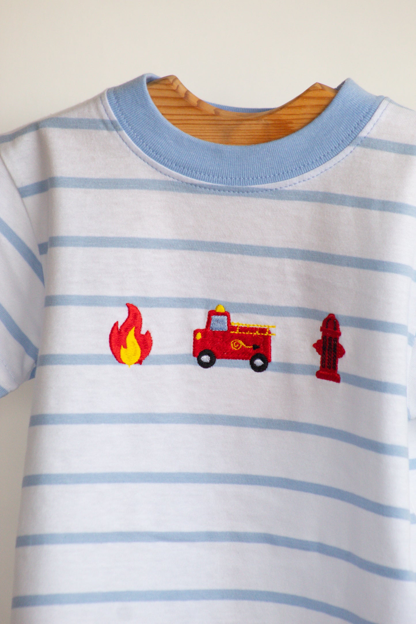 Luigi- Powder Blue Striped FireTruck Shirt