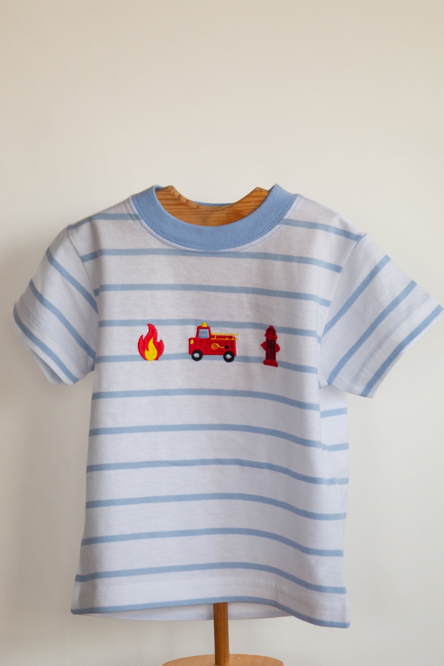 Luigi- Powder Blue Striped FireTruck Shirt