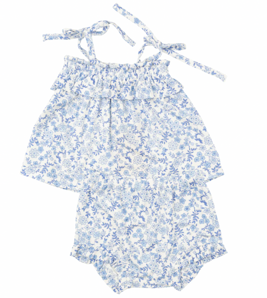 Angel Dear Blue Calico Floral Ruffle Top and Bloomer
