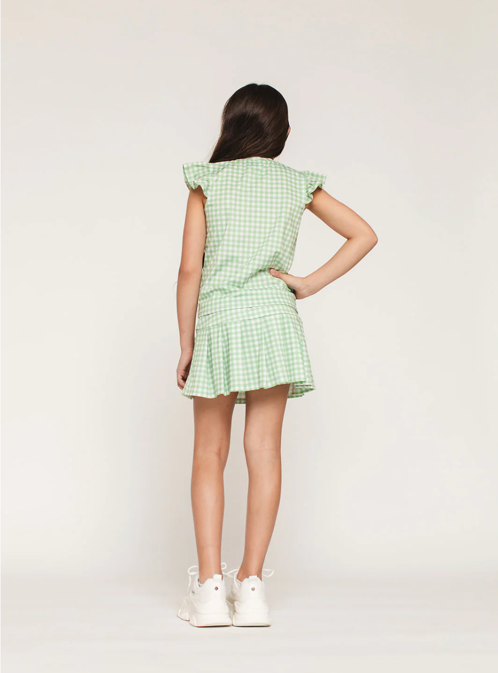 The Girl's Tennis Skirt and Top Set in Green Gingham