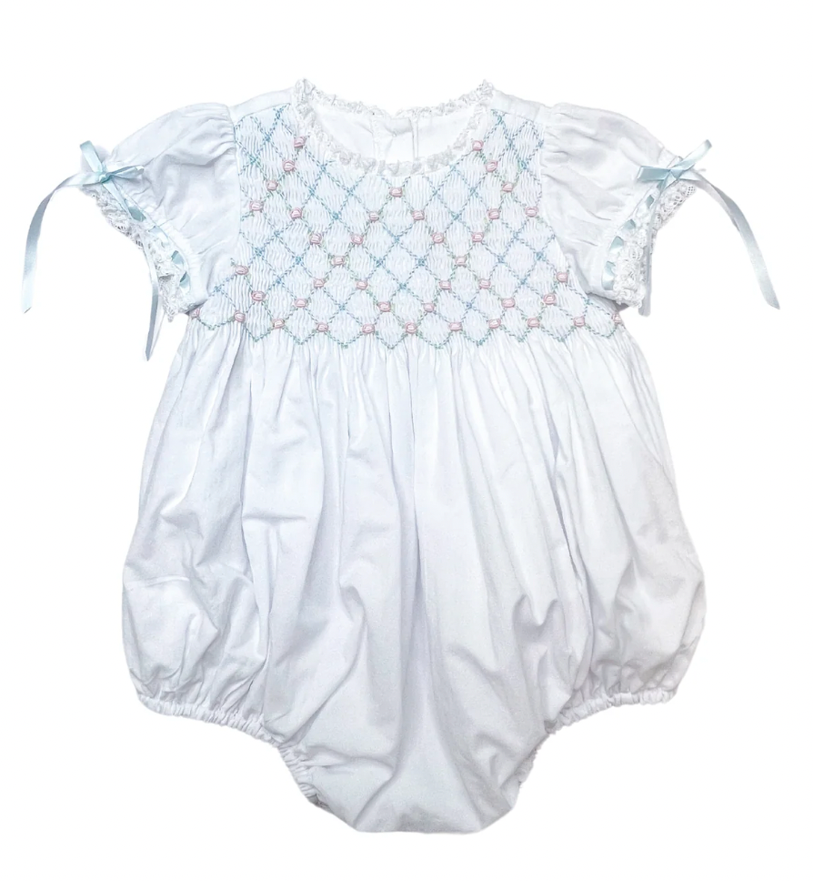 Percy And Tyne Heirloom Bubble- White Batiste w/ Blue & Pink Smocking