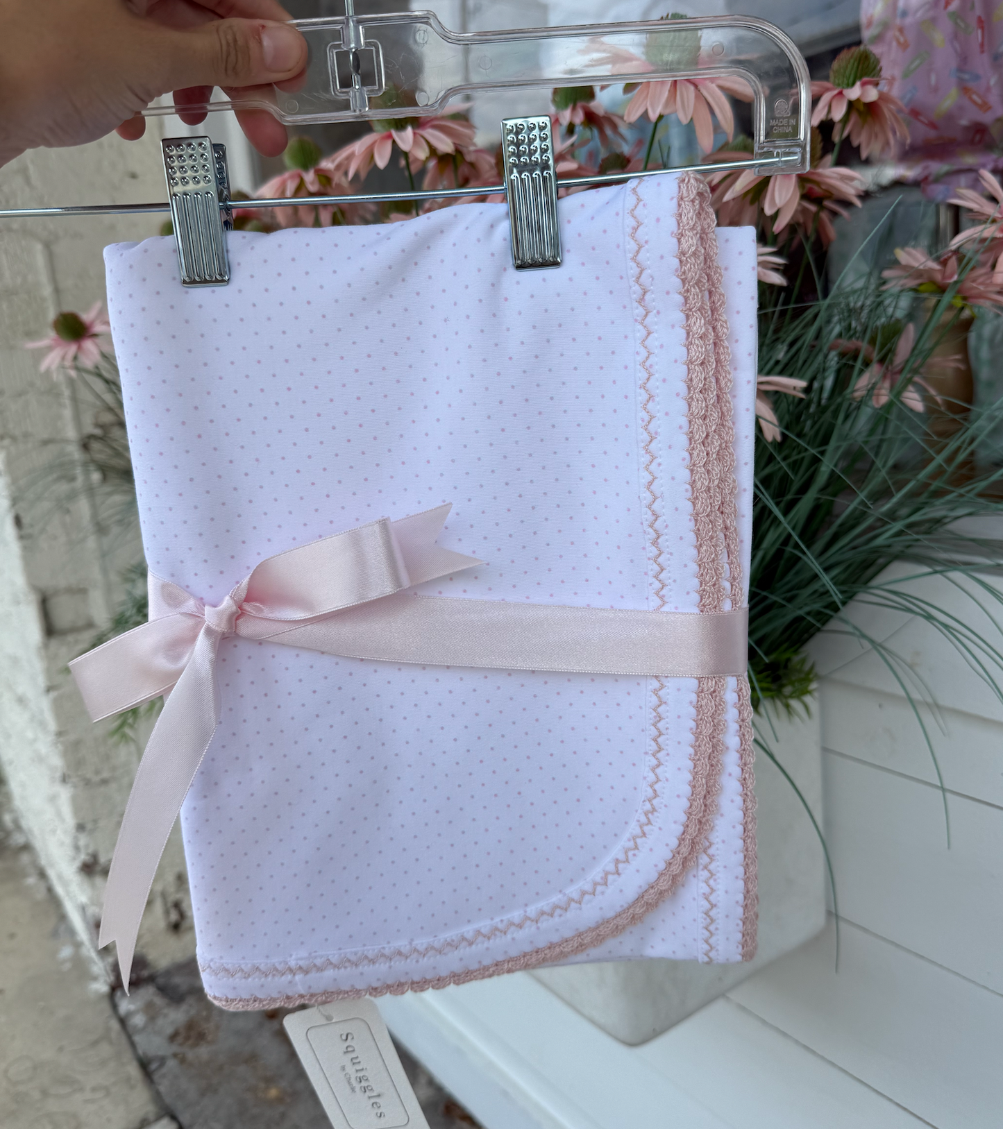 Squiggles White Blanket with Pink Polka Dots and Crochet