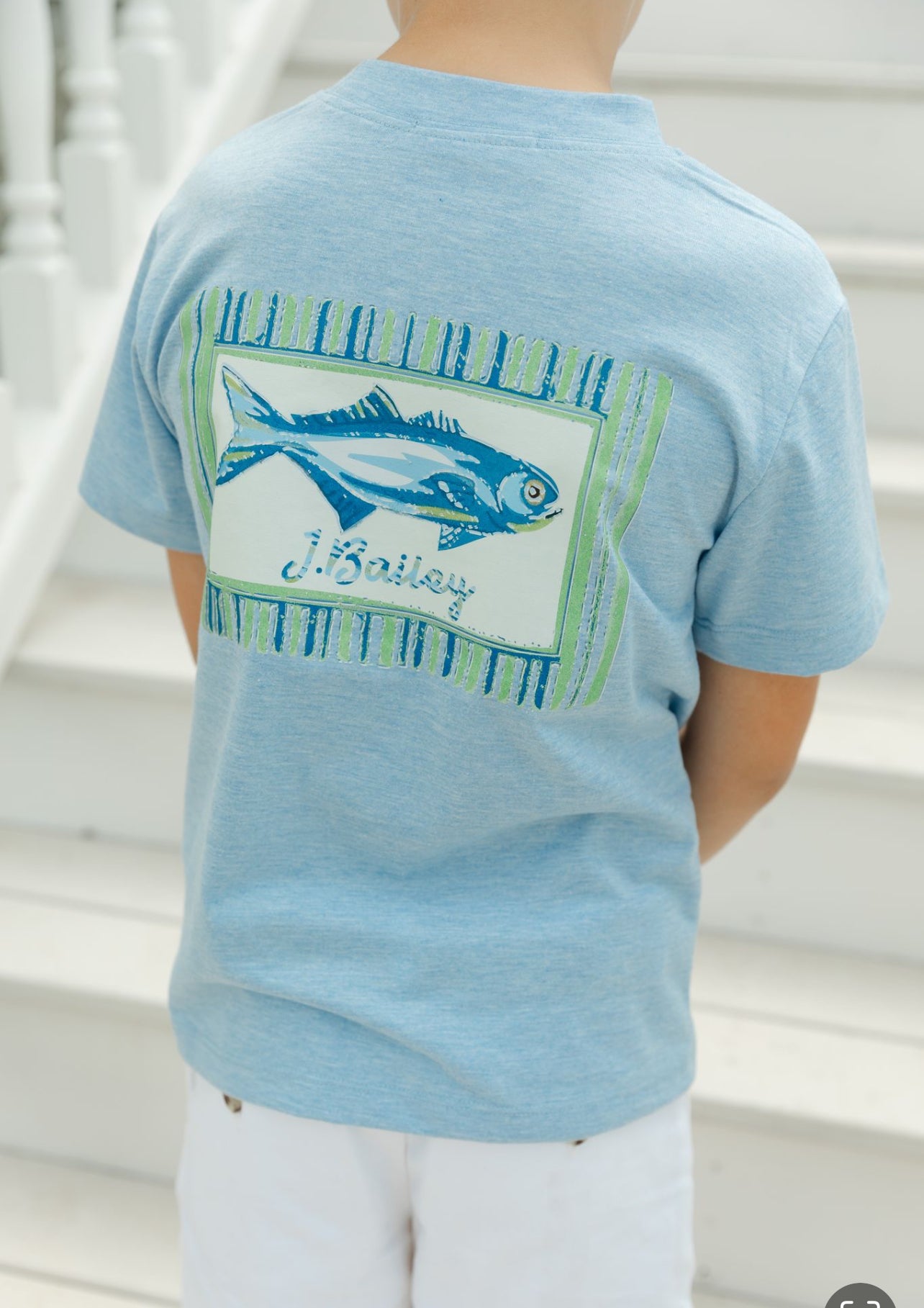 Bailey Boys Logo Tee- Fish on Heathered Blue