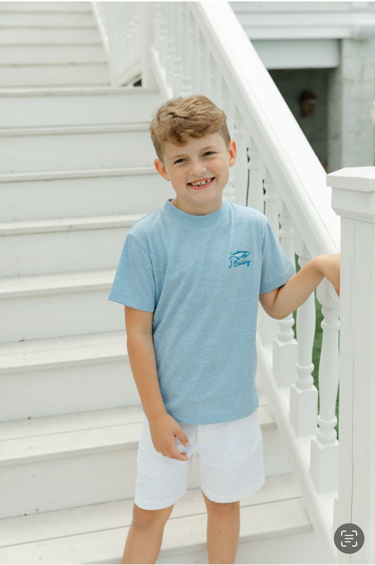 Bailey Boys Logo Tee- Fish on Heathered Blue