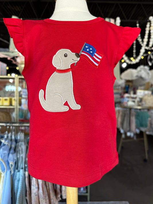 Flutter Sleeve Top with Lab Pup and Flag
