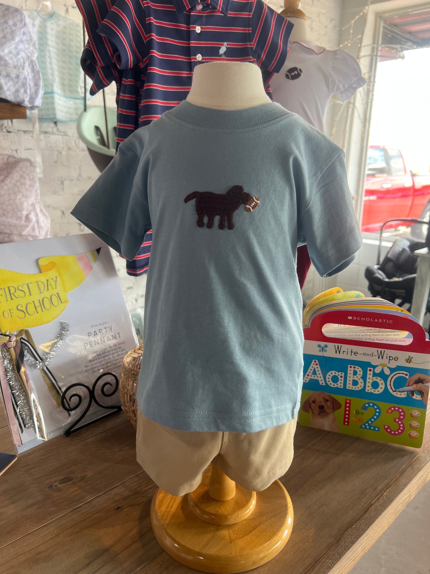 Steel Blue T-Shirt with Chocolate Crochet Lab