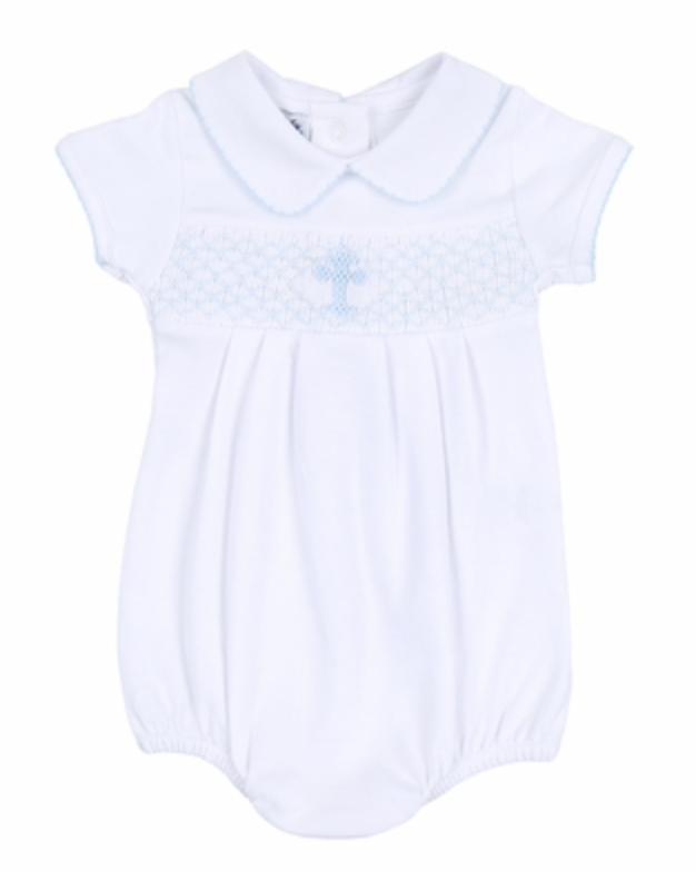 Magnolia Baby Blessed Blue Smocked Collared Short Sleeve Boy Bubble