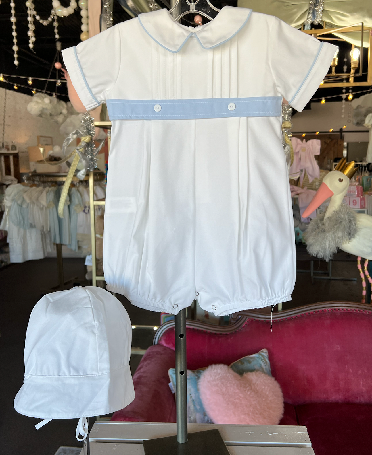 Sweet Dreams White Pleated Romper with Blue Belt