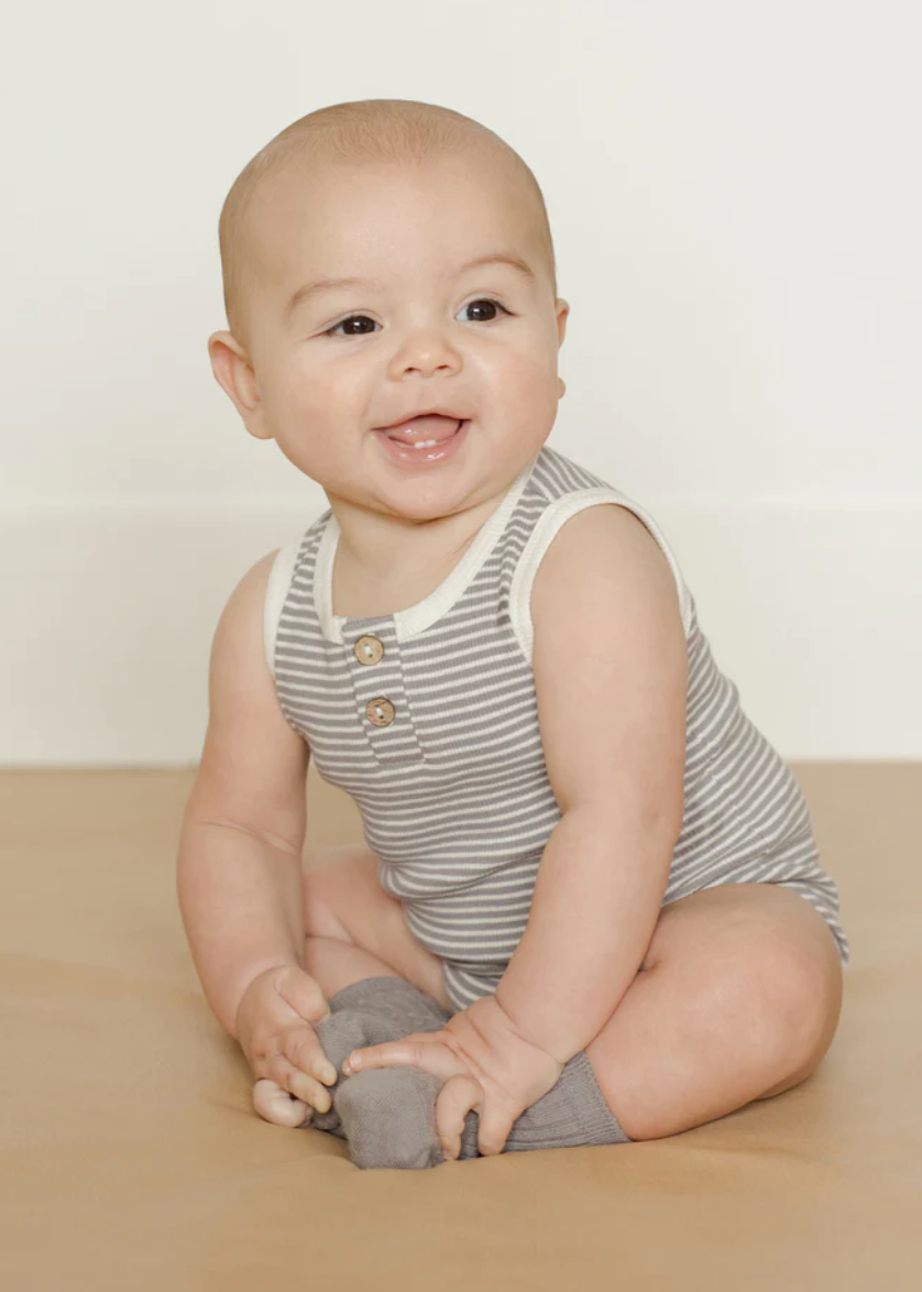 Quincy Mae Sleeveless Henley BodySuit in Lagoon Micro Stripe