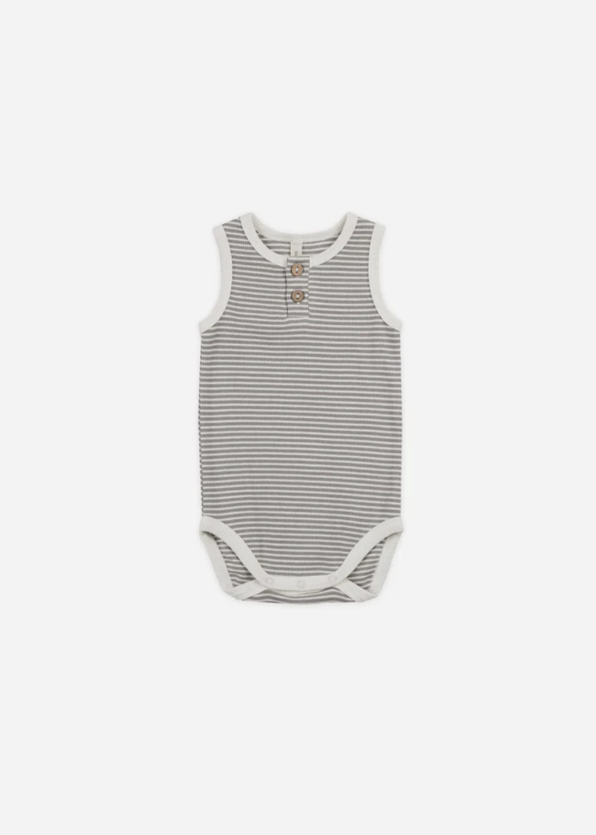 Quincy Mae Sleeveless Henley BodySuit in Lagoon Micro Stripe