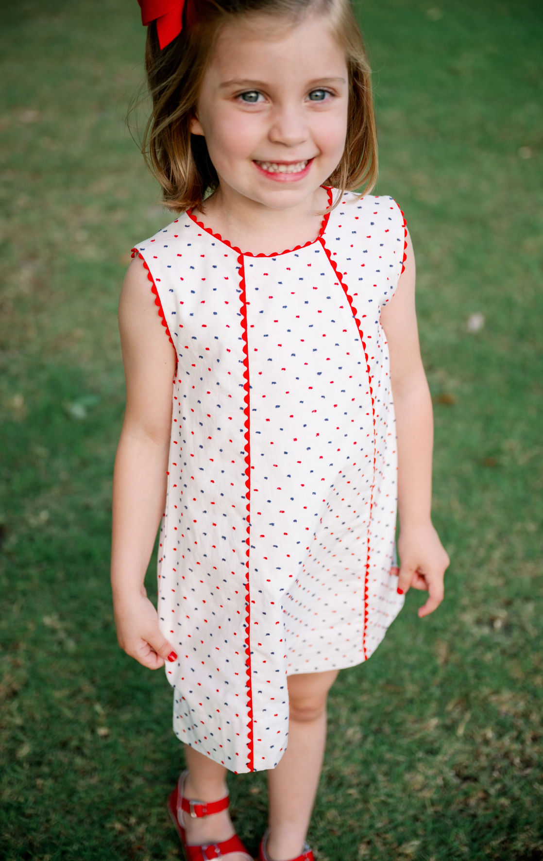 Amelia Aline Dress- Navy and Red Swiss Dot