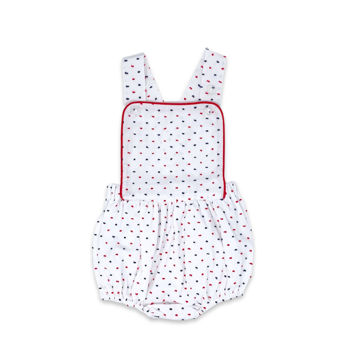 Arthur Apron- Navy and Red Swiss Dot