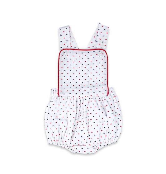 Arthur Apron- Navy and Red Swiss Dot