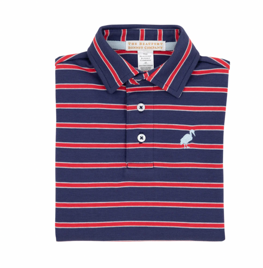 Prim & Proper Polo -Richmond Red, Nantucket Navy, & Buckhead Blue Stripe with Buckhead Blue Stork