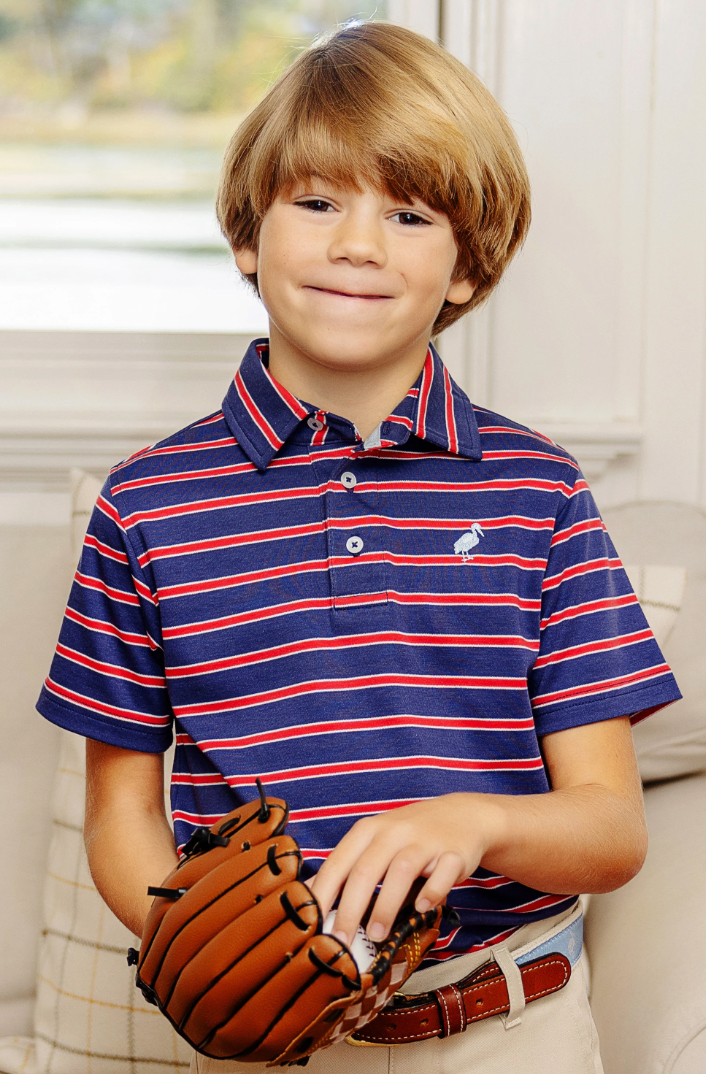 Prim & Proper Polo -Richmond Red, Nantucket Navy, & Buckhead Blue Stripe with Buckhead Blue Stork