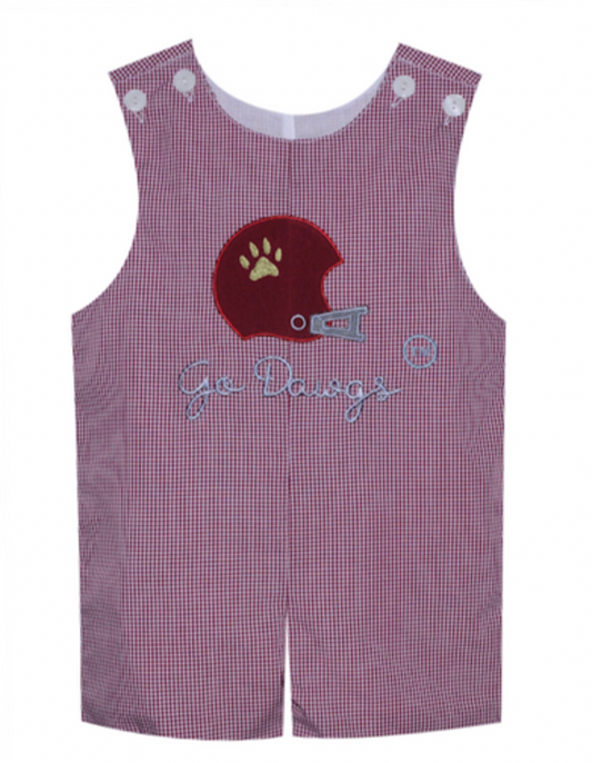 Helmet Applique Shortall-Maroon/White Gingham