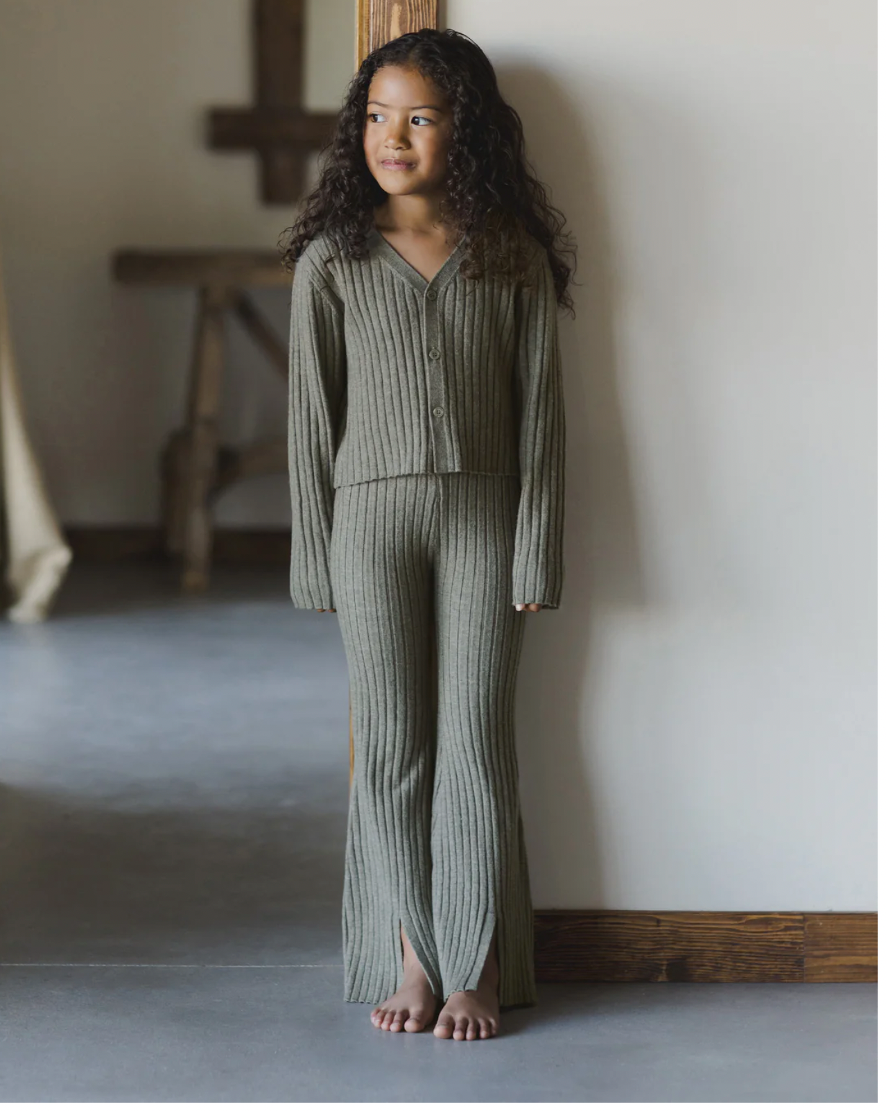 Long Sleeve Knit Button Top and Flare Pant in Laurel