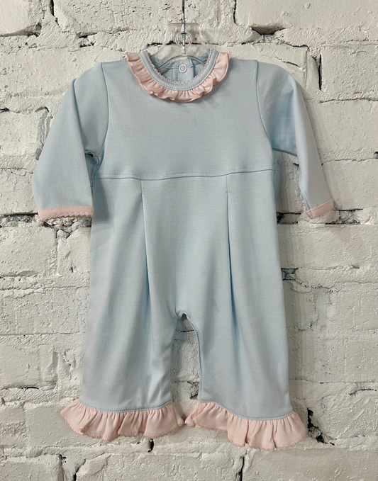 Squiggles Blue Romper with Pink Ruffle