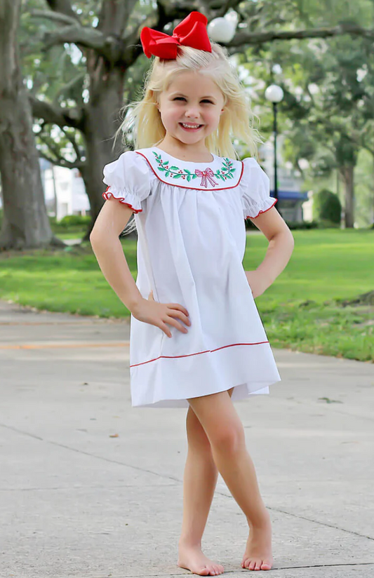 Sweet Dreams Embroidered Christmas Holly Bow Dress