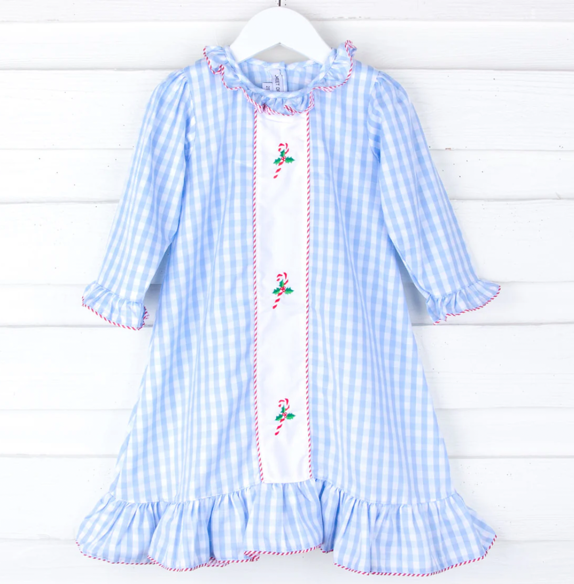 Candy Cane Embroidered Blue Gingham Nightgown