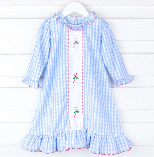 Candy Cane Embroidered Blue Gingham Nightgown