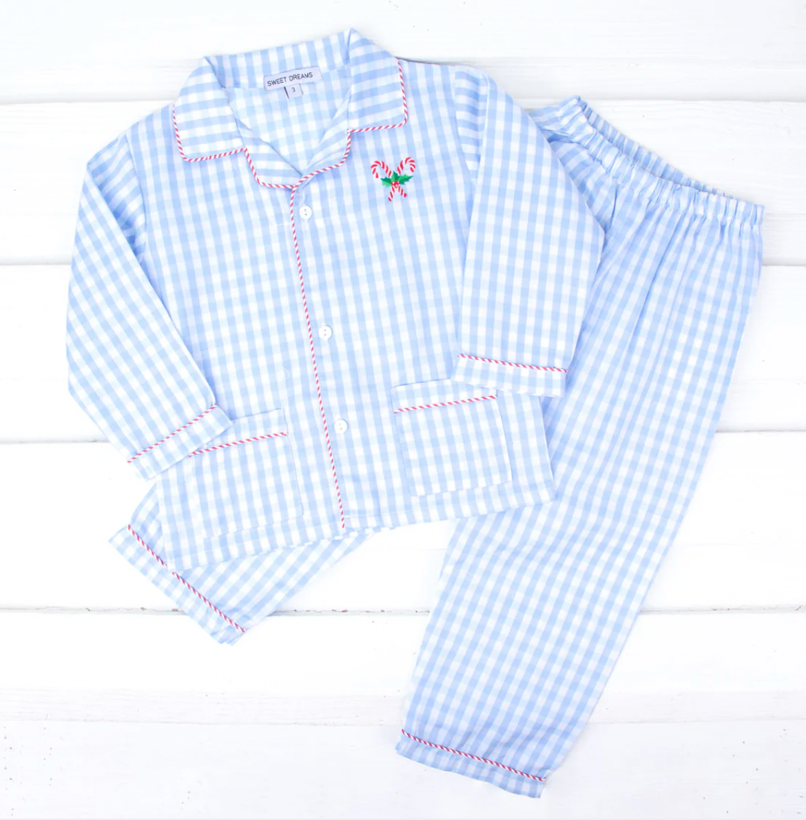 Candy Cane Embroidered Blue Gingham Classic Pajamas