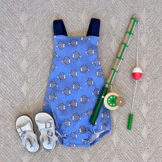 TBBC Stillman Sunsuit in Little Fishes with Nantucket Navy