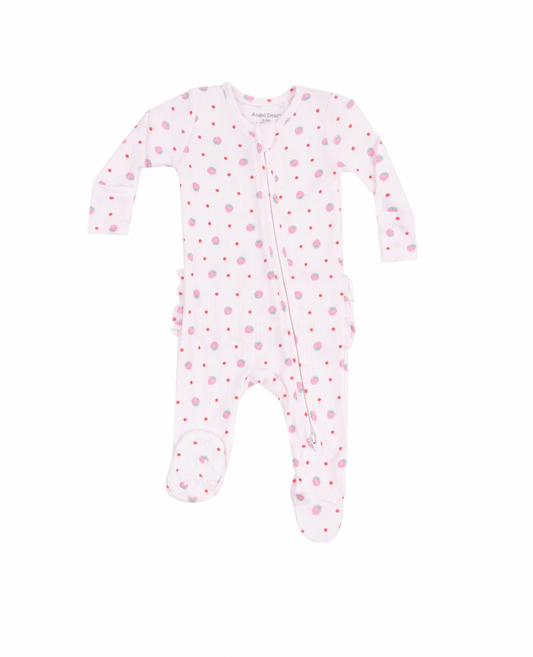 2 Way Zipper Ruffle Back Footie - Strawberry Swiss Dot