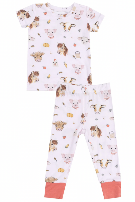 Short Sleeve Loungewear Set - Vintage Animals Faces Pink