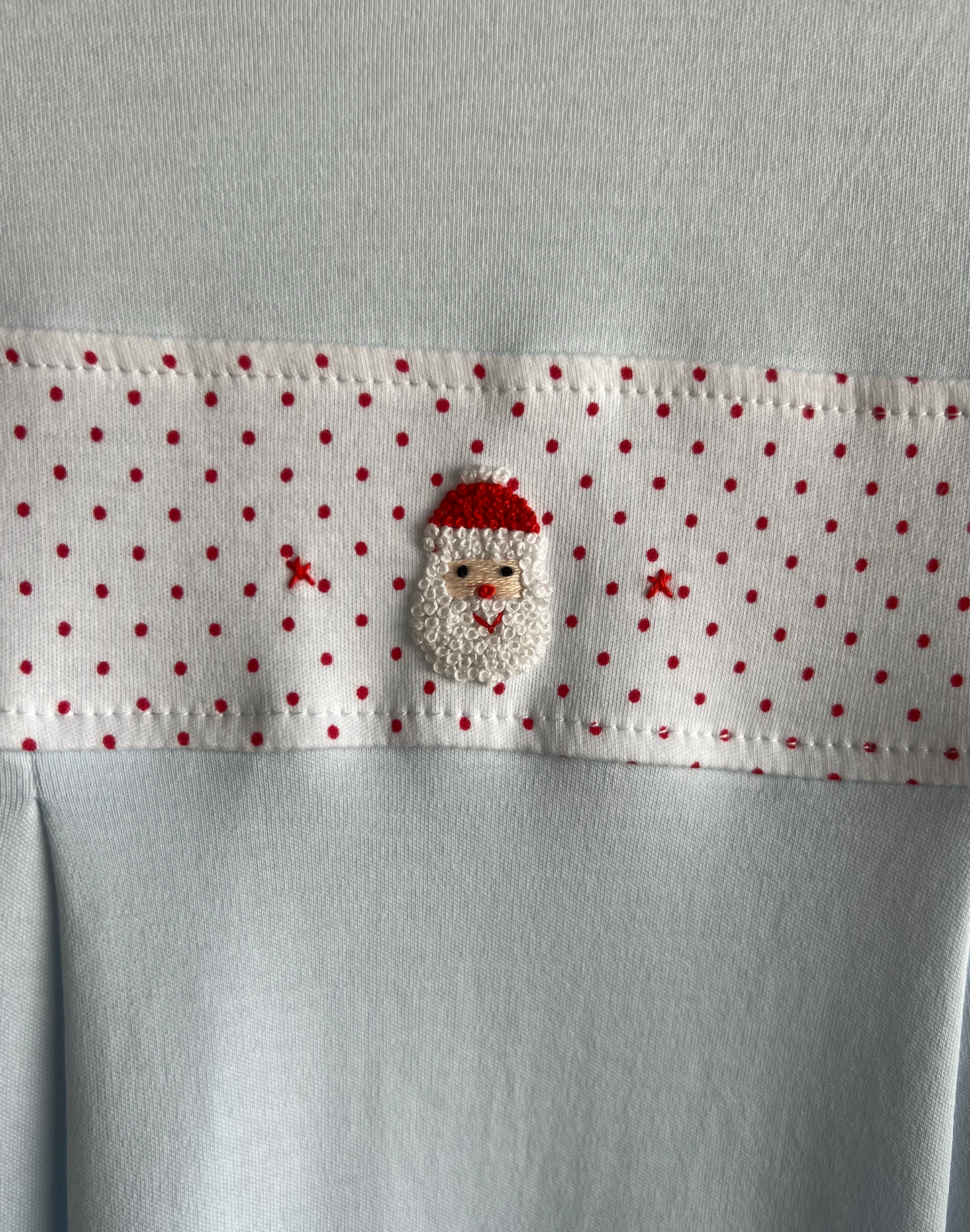 French Knot Santa on Blue Romper