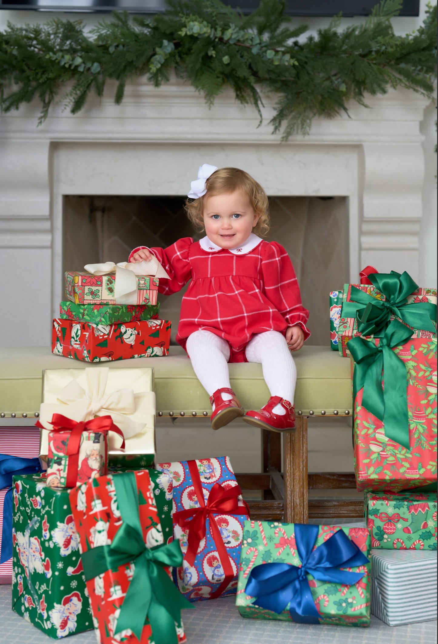 Long Sleeve Britt Bubble in Woodland Avenue Windowpane with Worth Avenue White & Richmond Red Bows