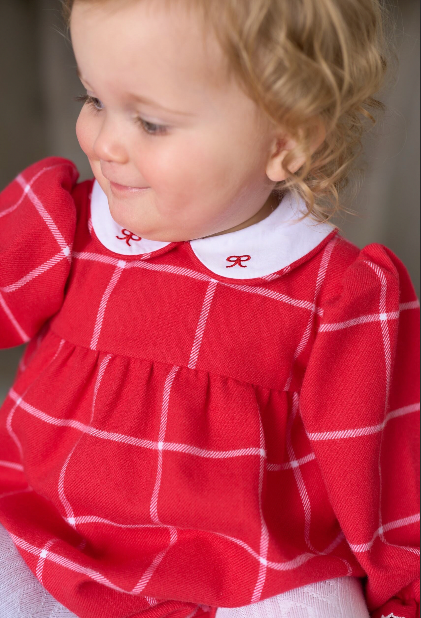 Long Sleeve Britt Bubble in Woodland Avenue Windowpane with Worth Avenue White & Richmond Red Bows