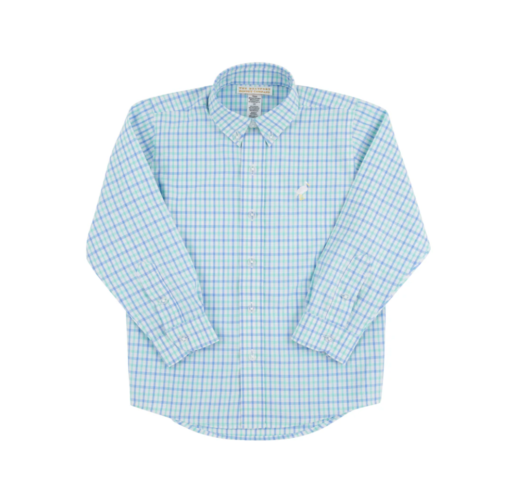 Dean's List Dress Shirt Sunrise Blvd. Blue & Turks Teal Chandler Check with Multicolor Stork