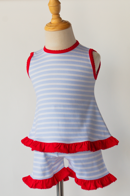 Squiggles- Blue/ Red Striped Short Ruffle Set